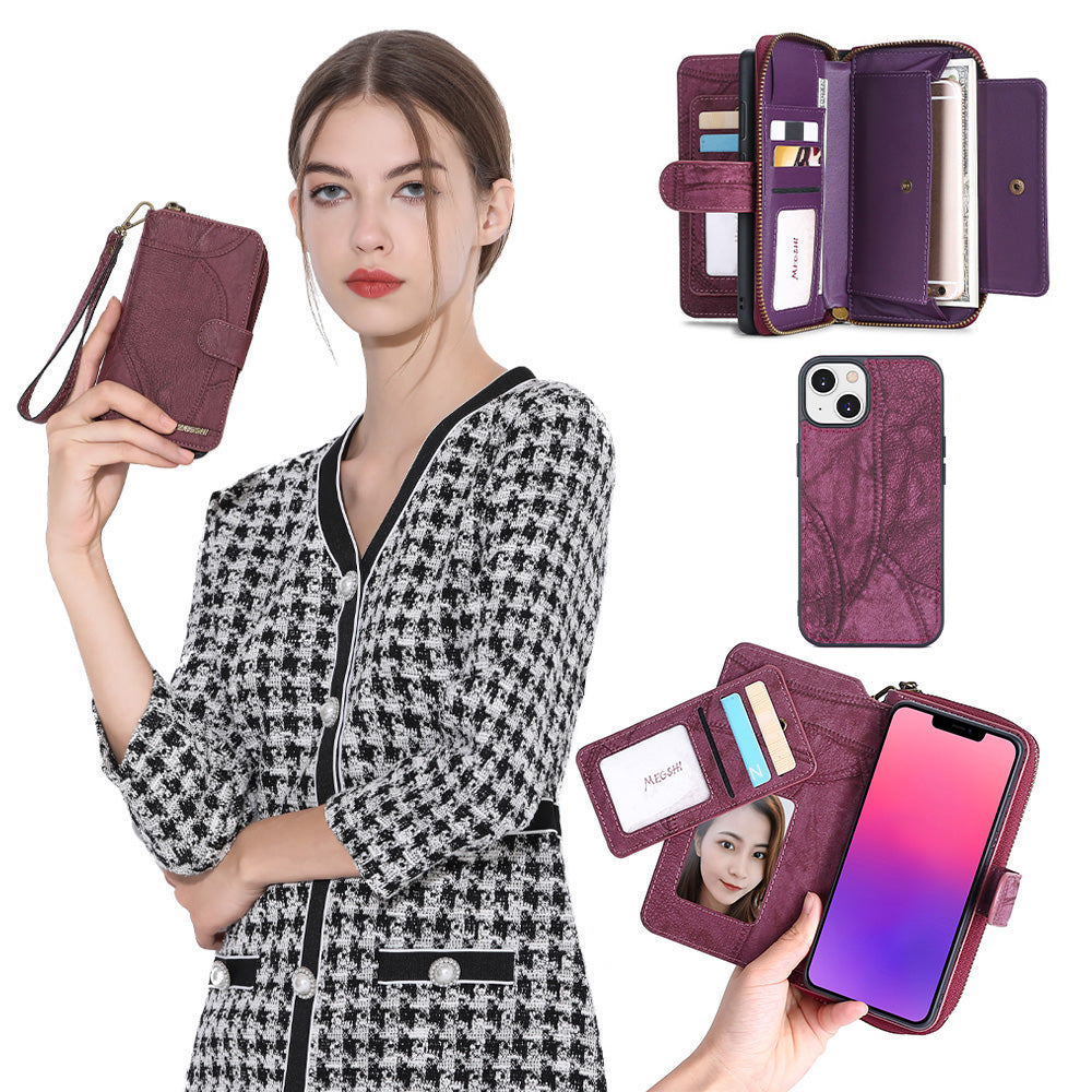 MEGSHI 004 Series Detachable Zipper Wallet Case for iPhone 14 Plus Stand Leather Phone Cover with Mirror MEGSHI 004 Series Detachable Zipper Wallet Case for iPhone 14 Plus Stand Leather Phone Cover with Mirror